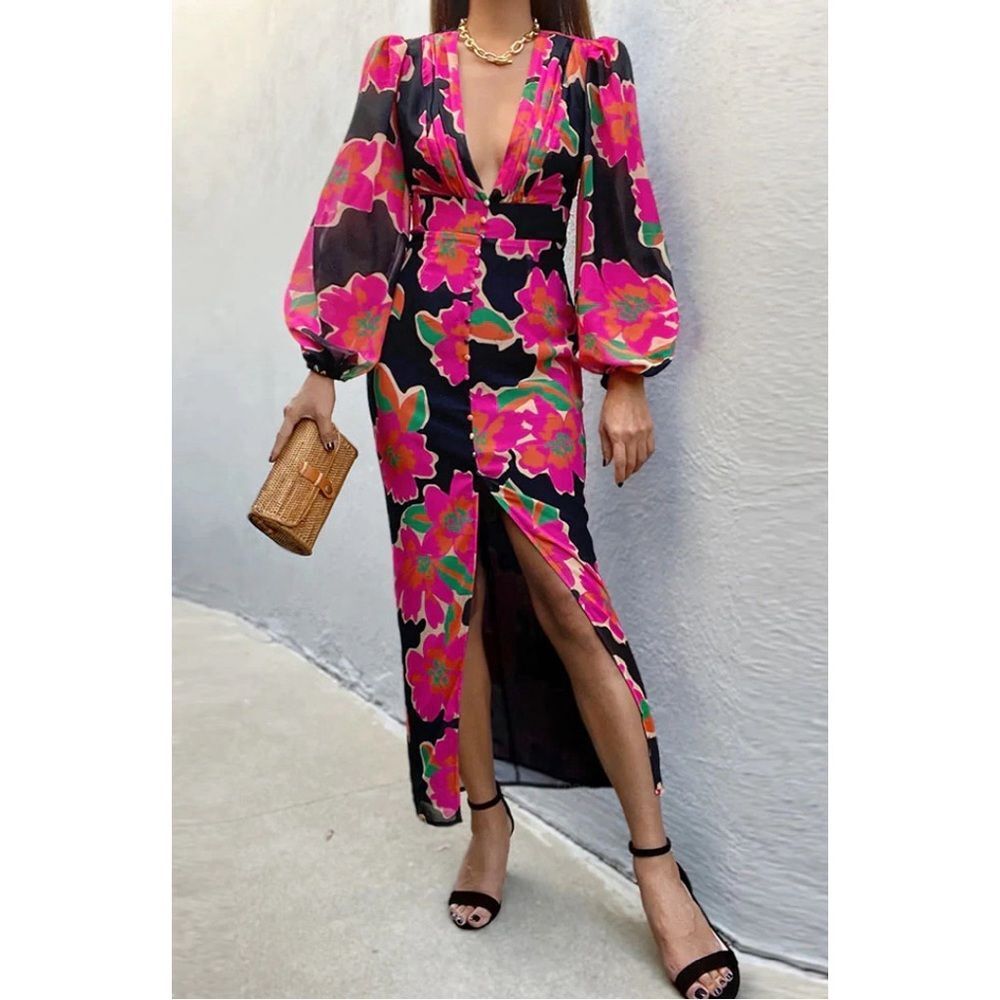 RNWY the Label Angel deep plunge pink floral midi dress